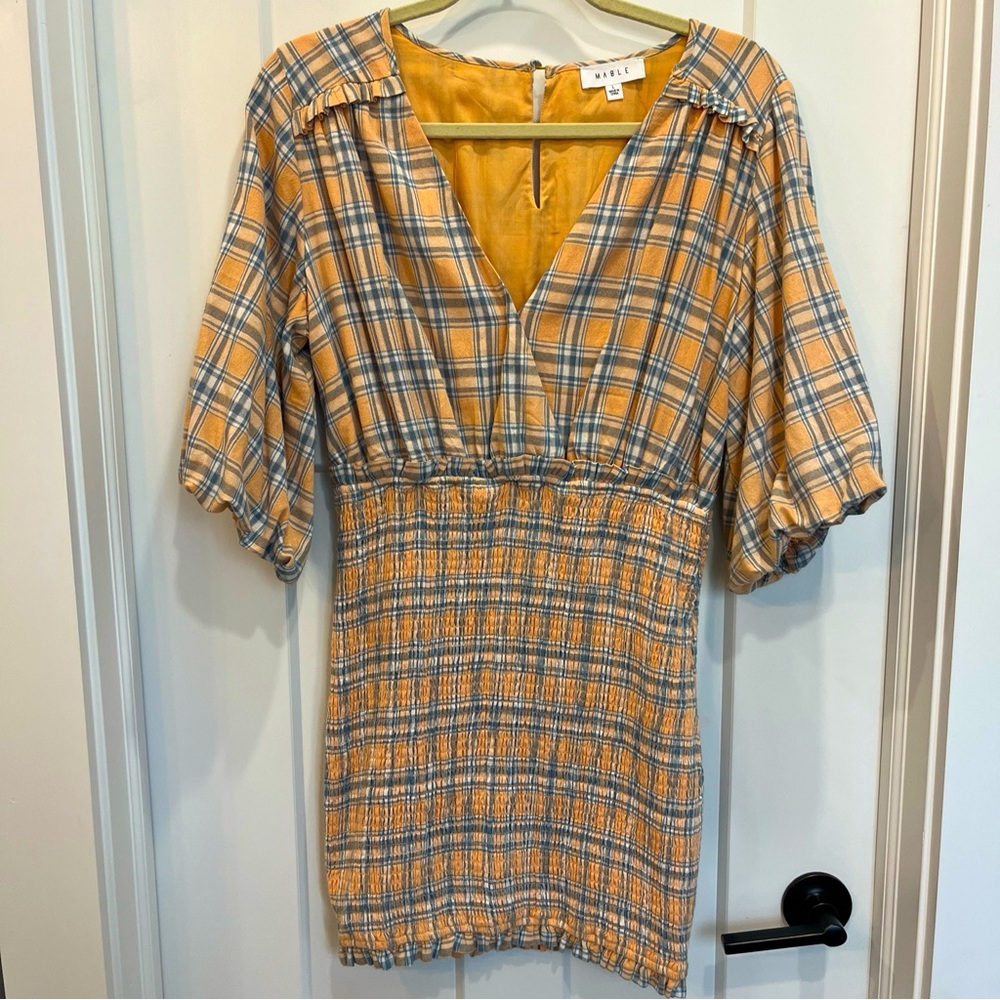 Mable Anthropologie Southern Peach Mini Dress Plaid Puff Sleeve Size Large